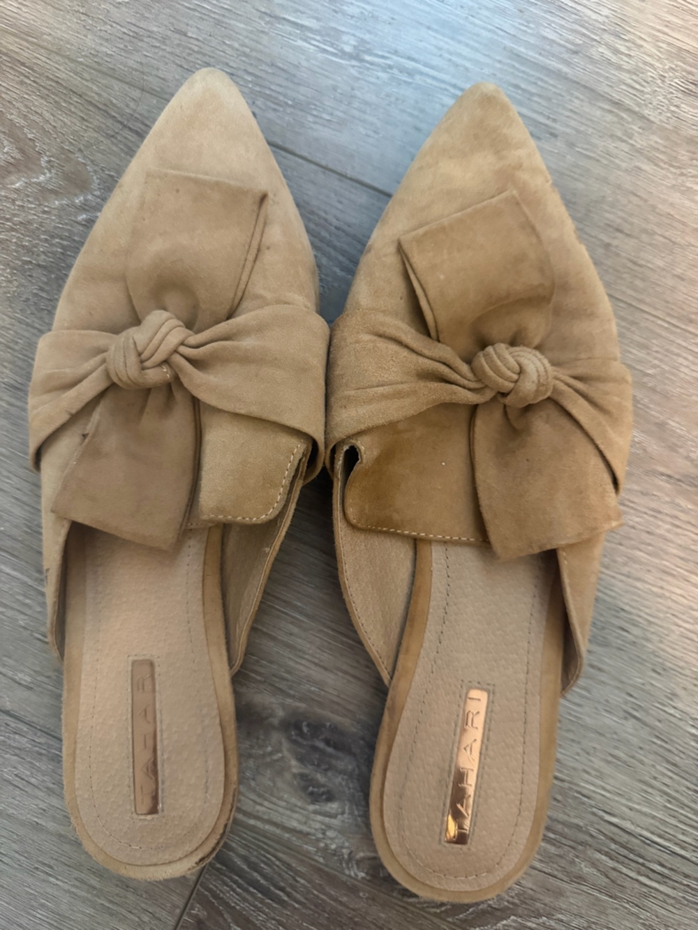 Tahari Knotted Slip-On Mules in Tan Suede